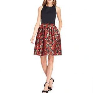 Tahari Metallic Floral Fit-And-Flare Dress Arthur S Levine Faille Black/Red sz16